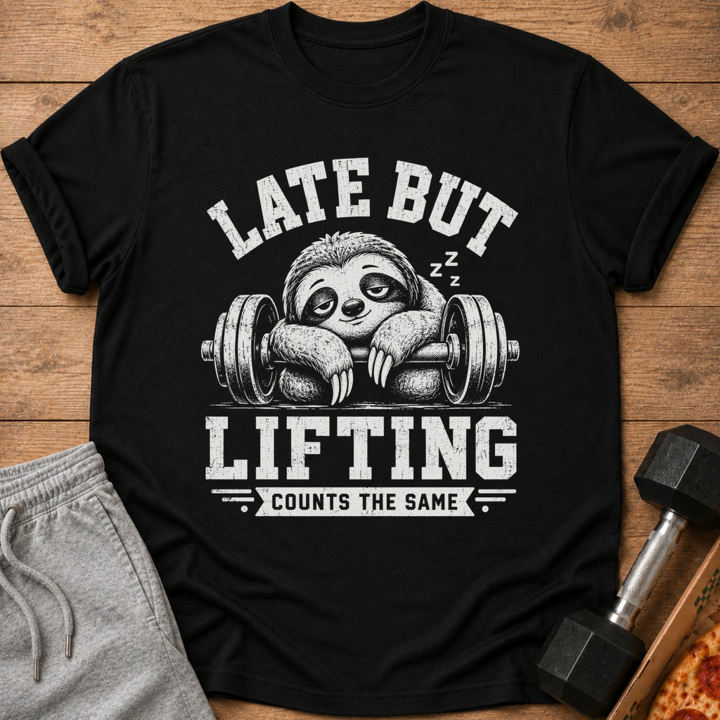 Black t-shirt with graphic of sleepy sloth on a barbell, text "LATE BUT LIFTING COUNTS THE SAME".