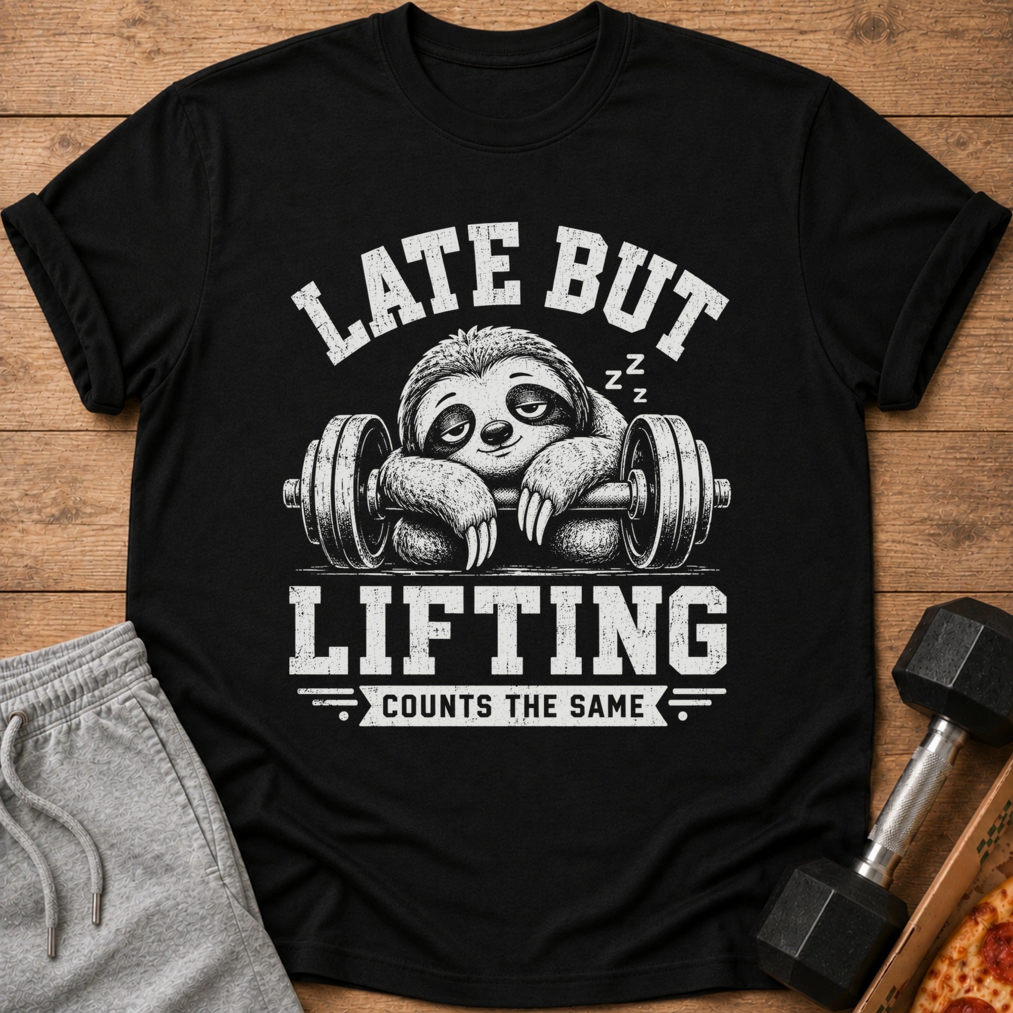 Black t-shirt with graphic of sleepy sloth on a barbell, text "LATE BUT LIFTING COUNTS THE SAME".