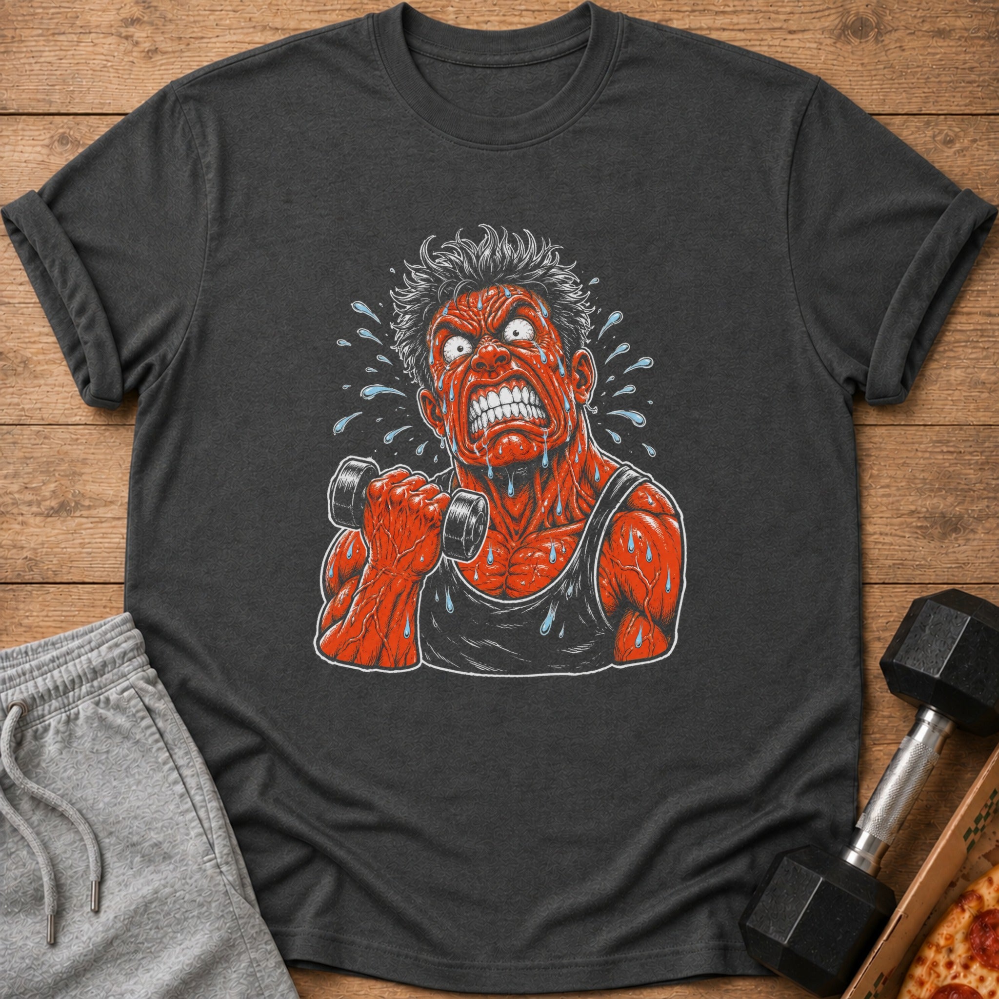Graphic tee with a red, sweaty, distressed man lifting a dumbbell.