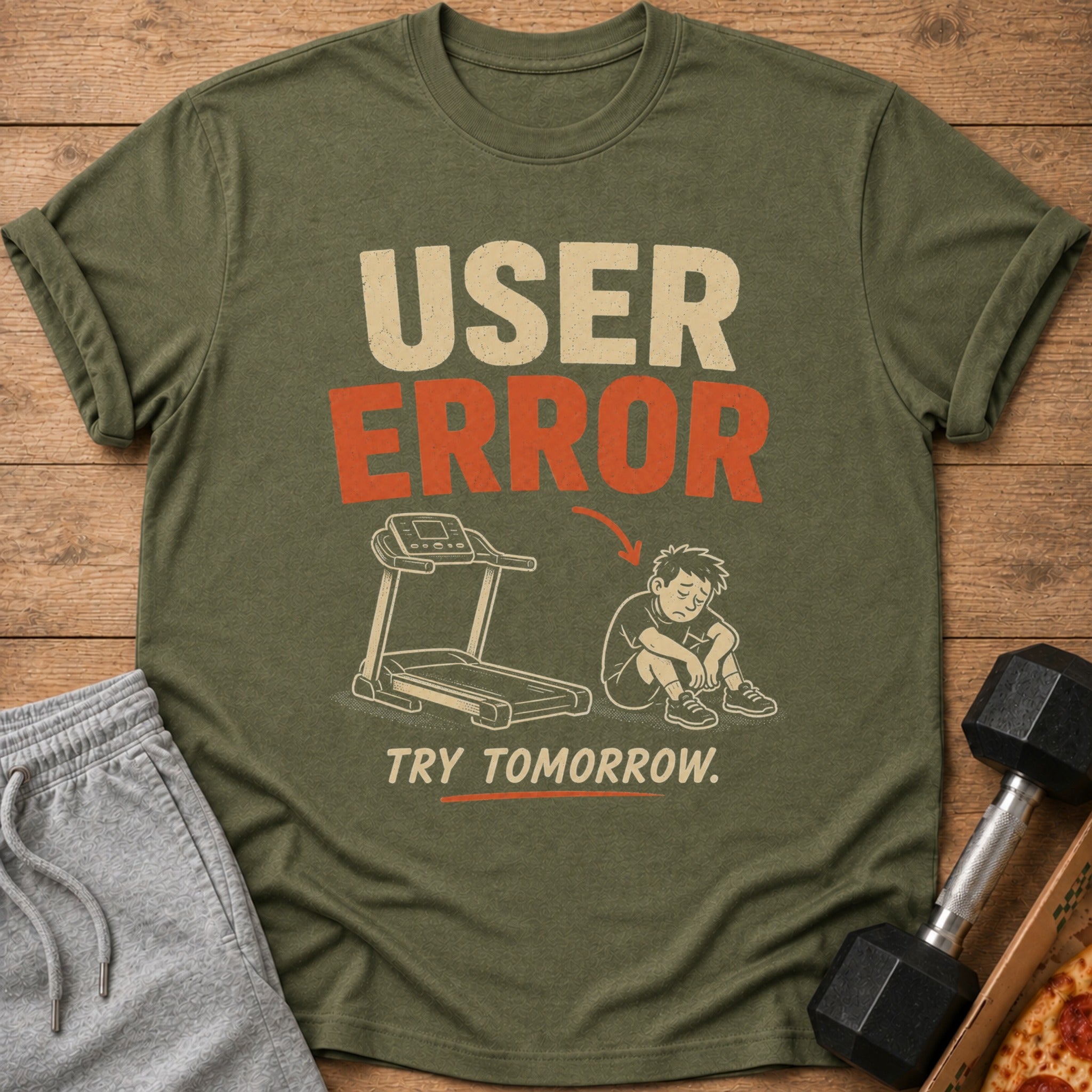 Olive green t-shirt with "USER ERROR" text, sad boy, and treadmill graphic.