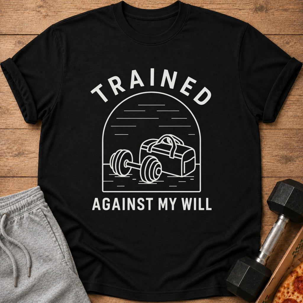 Black t-shirt with white text "TRAINED AGAINST MY WILL" and gym bag with dumbbell graphic.