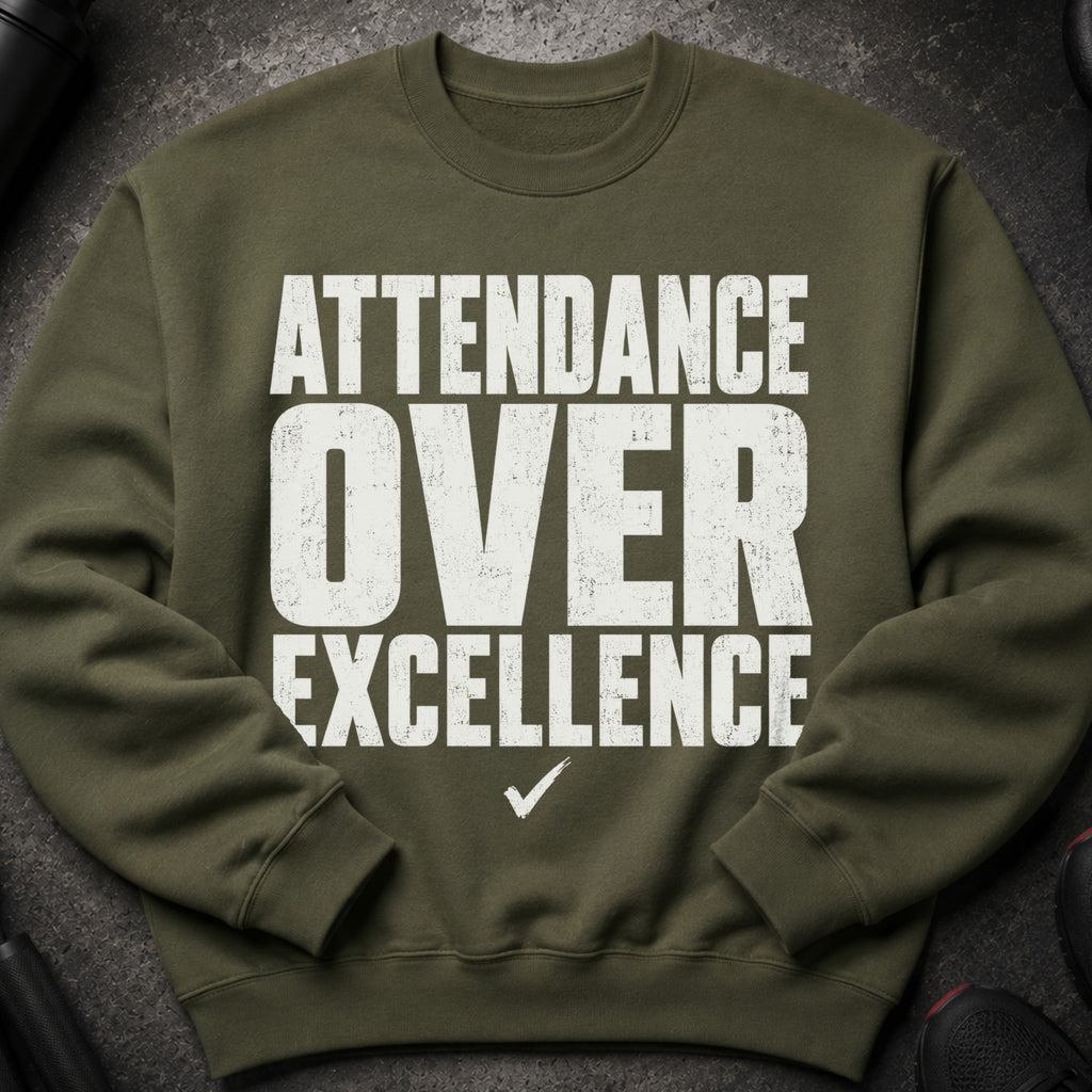Olive green sweatshirt with "Attendance Over Excellence" text and a checkmark.