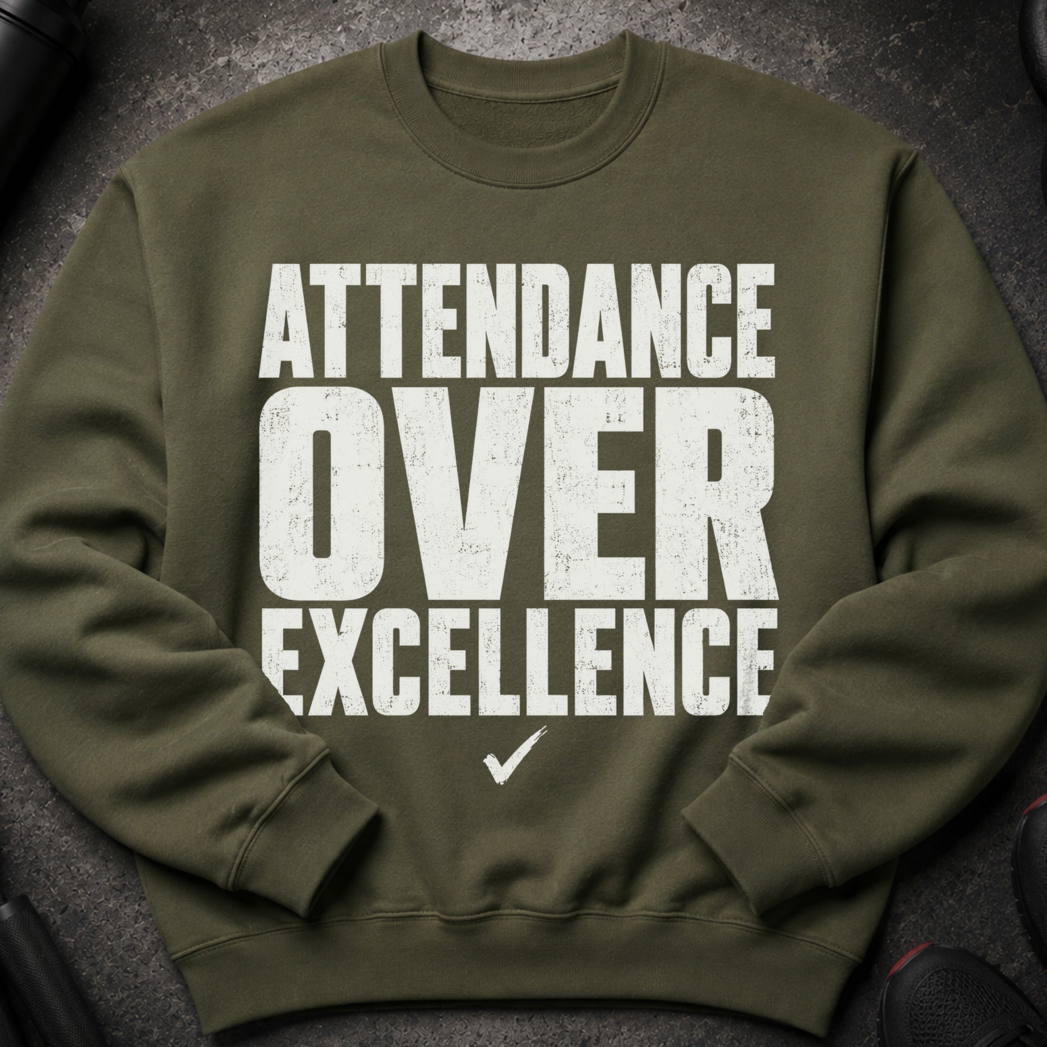 Olive green sweatshirt with "Attendance Over Excellence" text and a checkmark.