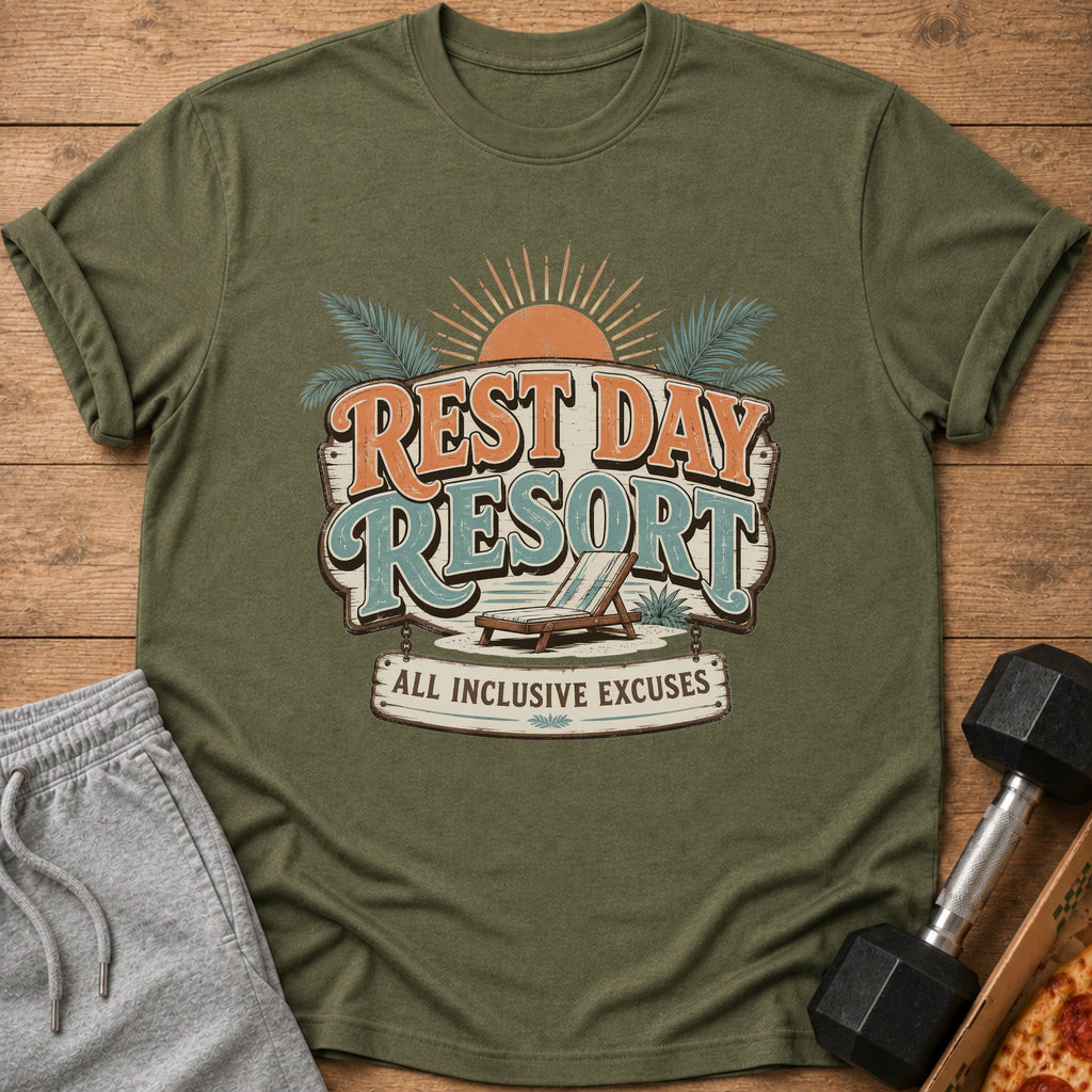 Green t-shirt with "Rest Day Resort All Inclusive Excuses" graphic and chaise lounge.