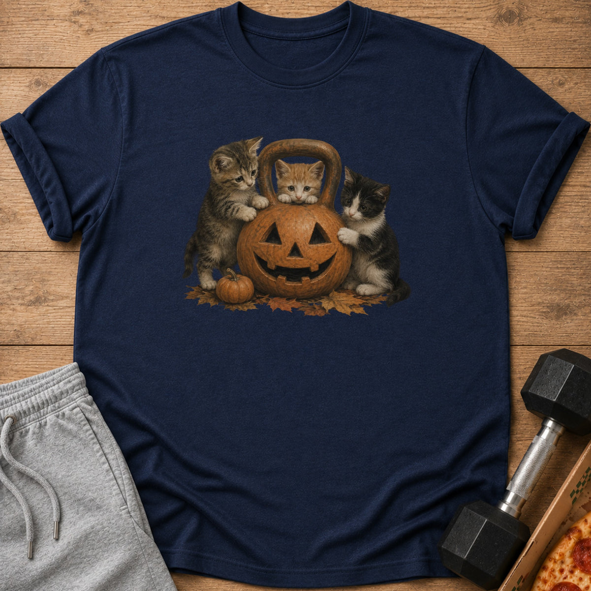 Three kittens surround a jack-o'-lantern on a dark blue t-shirt.