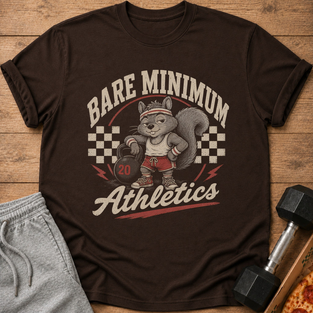 Brown t-shirt with a cartoon squirrel lifting a kettlebell, text "Bare Minimum Athletics".