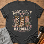 Boot Scoot & Barbells graphic t-shirt with three decorated cowboy boots.