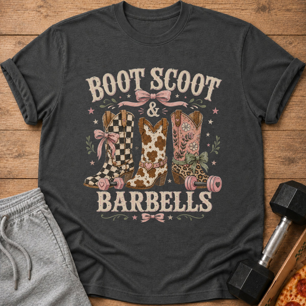 Boot Scoot & Barbells graphic t-shirt with three decorated cowboy boots.