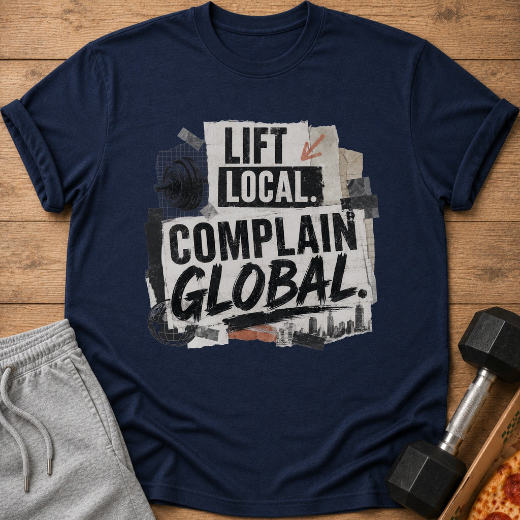 Navy t-shirt with collage graphic text "Lift Local. Complain Global." and barbell.