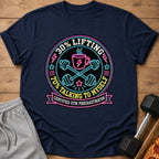 Navy t-shirt with neon design: "30% Lifting, 70% Talking to Myself, Certified Gym Procrastinator."