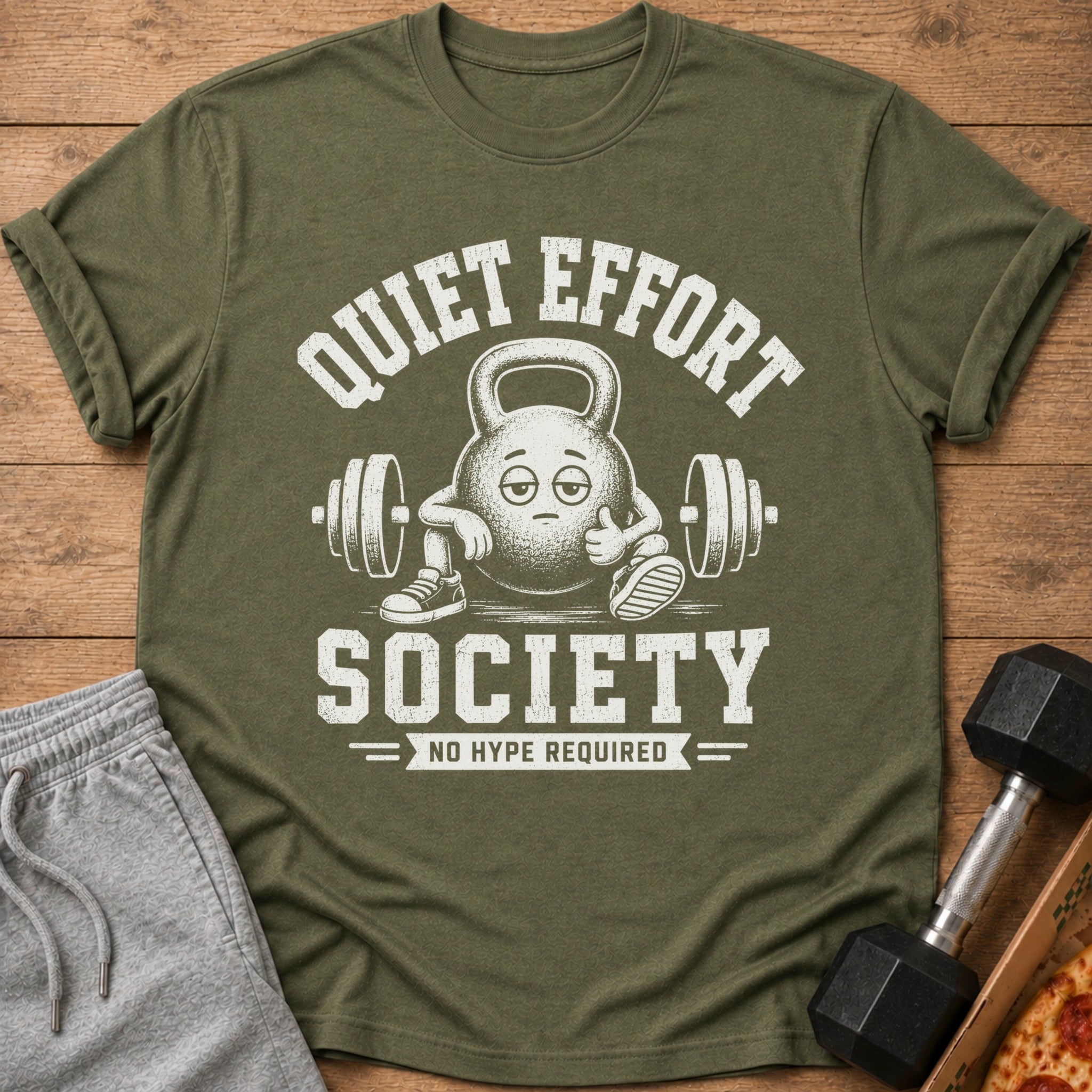 Olive green t-shirt with "Quiet Effort Society" and a cartoon kettlebell.