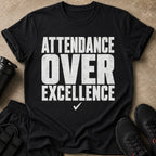 Black t-shirt with white text "ATTENDANCE OVER EXCELLENCE" and a checkmark.