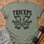 Green t-shirt with distressed "TRICEPS" text and octopus lifting dumbbells.