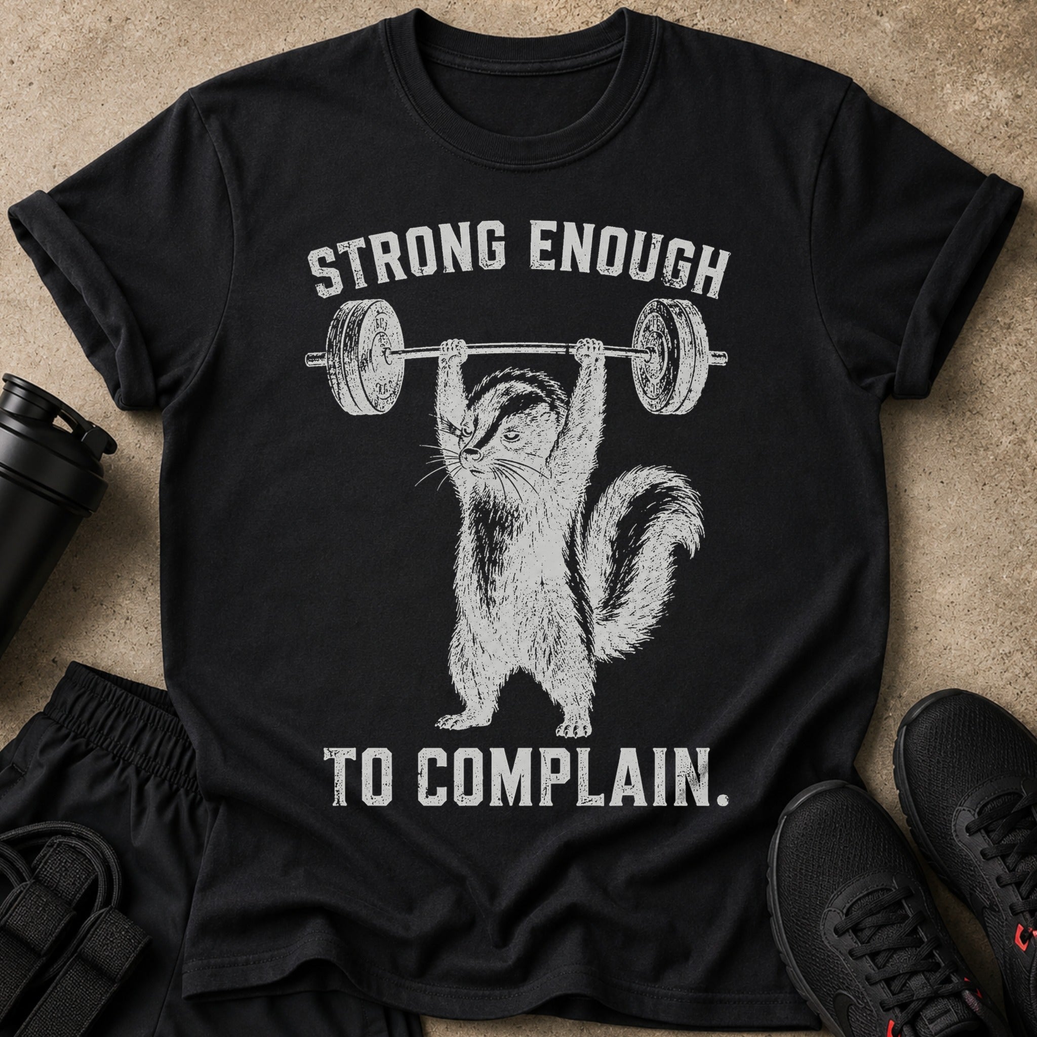 Black t-shirt with a graphic of a chipmunk lifting weights and the text "STRONG ENOUGH TO COMPLAIN."