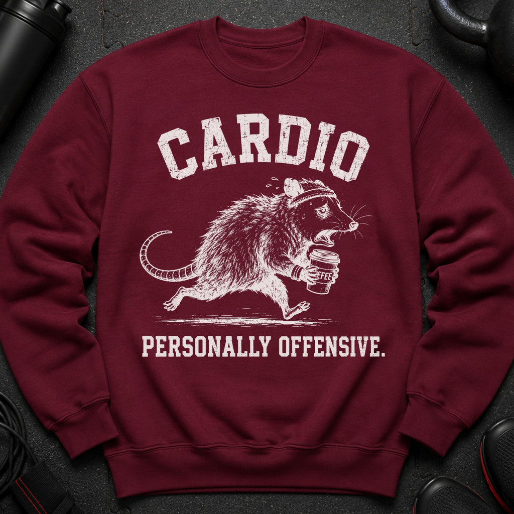 Maroon sweatshirt with distressed white text "CARDIO" and a running possum with coffee cup.