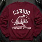 Maroon sweatshirt with distressed white text "CARDIO" and a running possum with coffee cup.