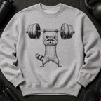 Gray sweatshirt with a drawing of a raccoon lifting weights.