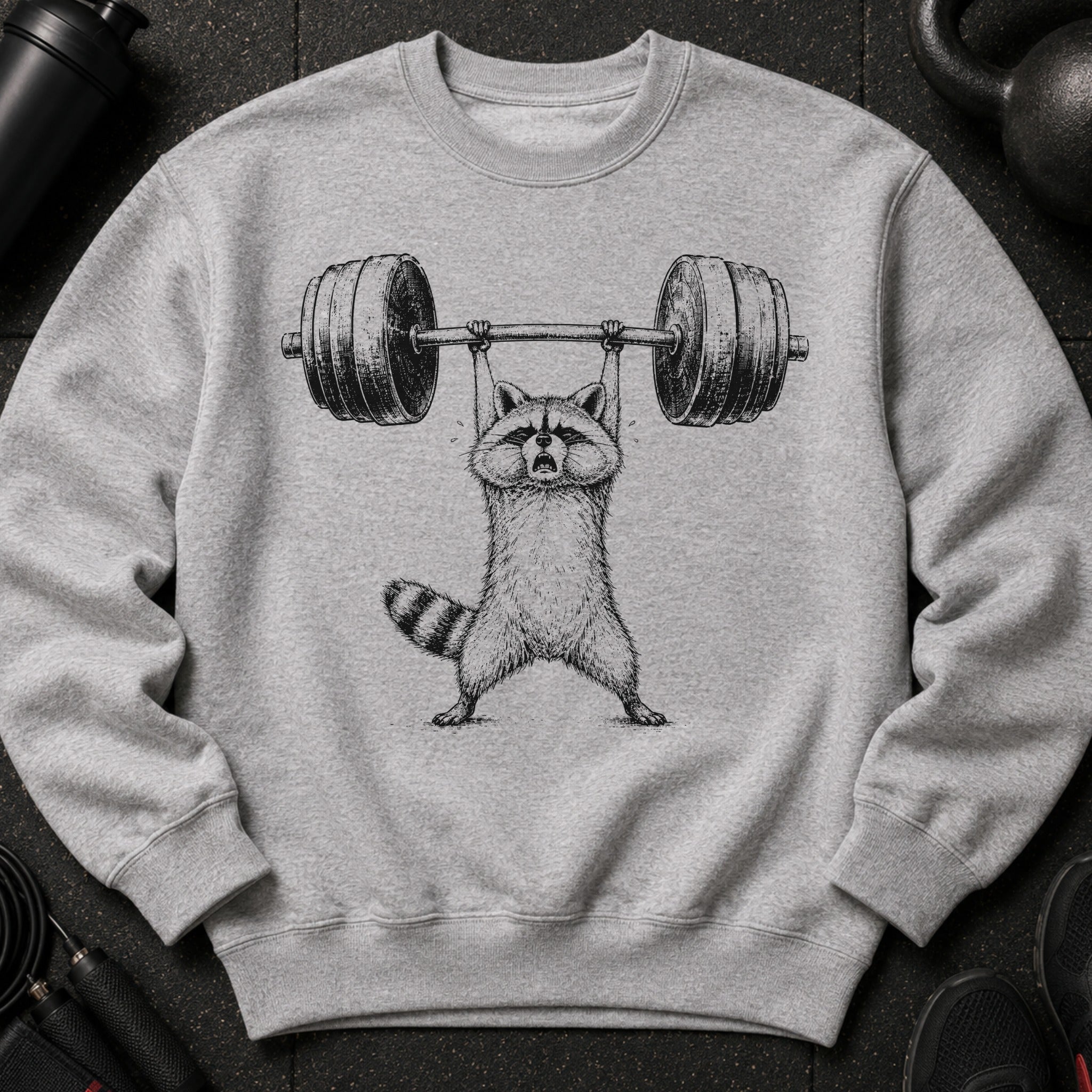 Gray sweatshirt with a drawing of a raccoon lifting weights.