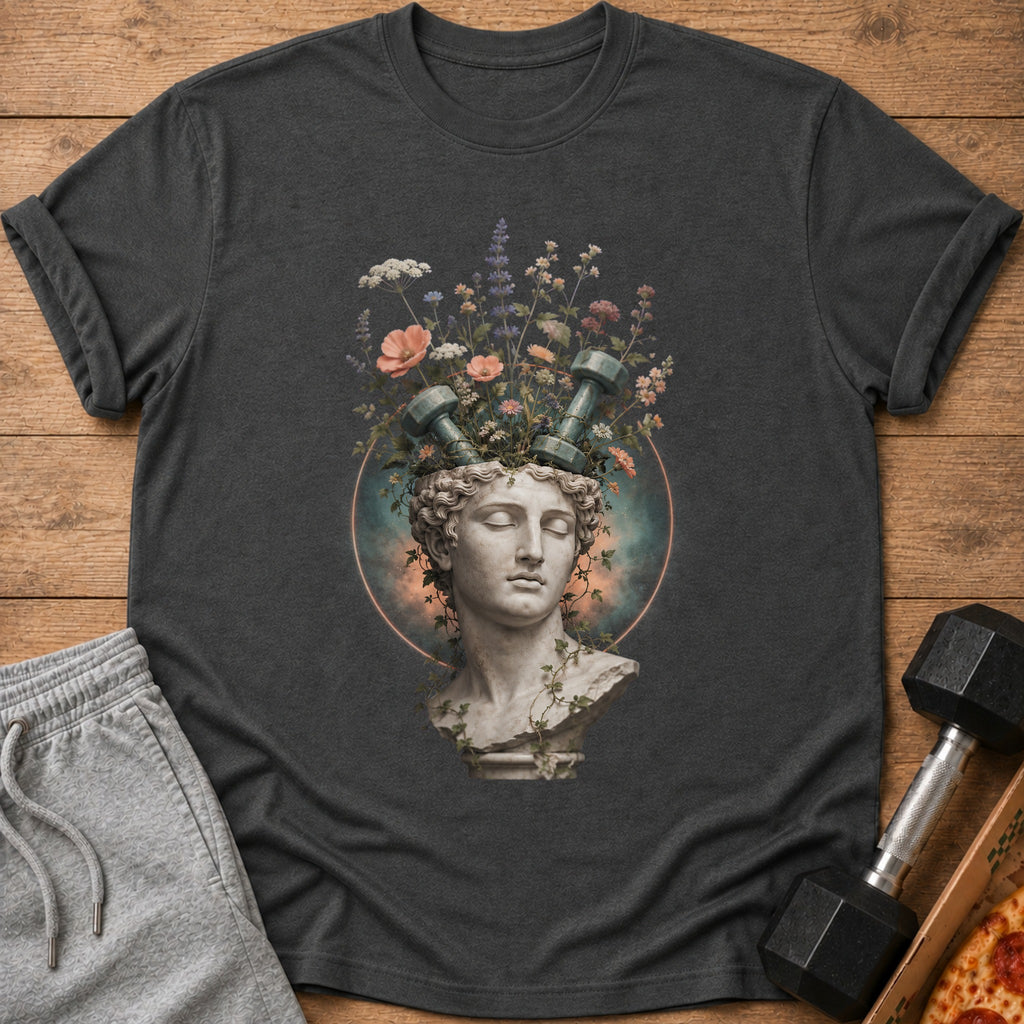 Dumbbell and floral design on a dark grey t-shirt with clay bust.