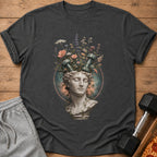 Dumbbell and floral design on a dark grey t-shirt with clay bust.