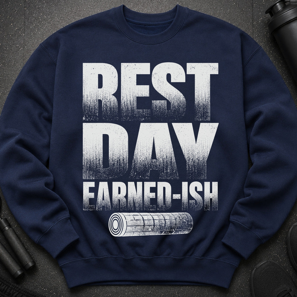 Navy sweatshirt with "REST DAY EARNED-ISH" text and white gym roller graphic.