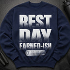 Navy sweatshirt with "REST DAY EARNED-ISH" text and white gym roller graphic.