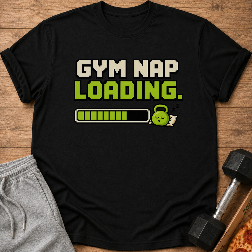 Black t-shirt with pixelated text "GYM NAP LOADING" and a sleeping kettlebell.