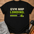 Black t-shirt with pixelated text "GYM NAP LOADING" and a sleeping kettlebell.
