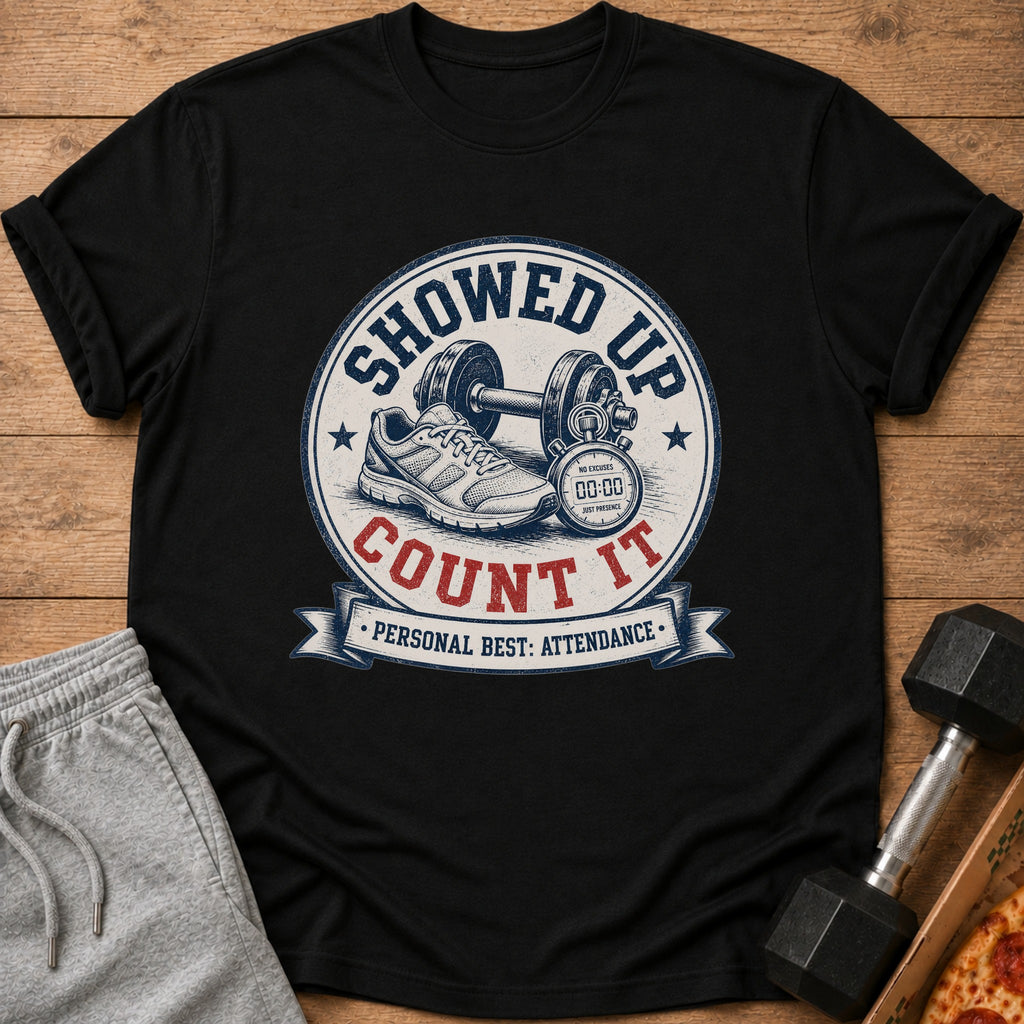 Black t-shirt with "Showed Up Count It" graphic featuring dumbbell, shoe, stopwatch.