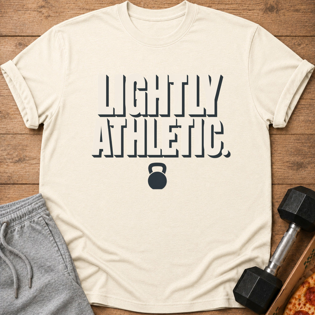 Cream t-shirt with "LIGHTLY ATHLETIC." text and kettlebell graphic.