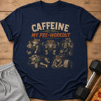 Navy t-shirt with "Caffeine Is My Pre-Workout" and athletic cats graphic.