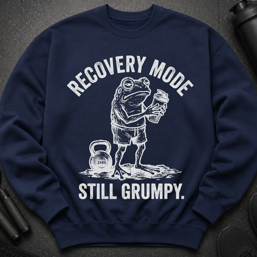 Navy sweatshirt with white graphic of a grumpy frog holding a drink, kettlebell and text.