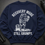 Navy sweatshirt with white graphic of a grumpy frog holding a drink, kettlebell and text.