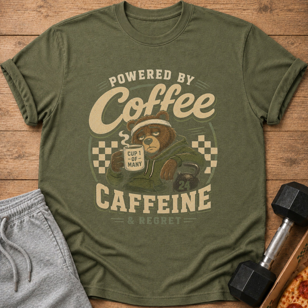 Green t-shirt with a bear holding coffee that says "CUP 1 OF MANY" and text "CAFFEINE & REGRET".