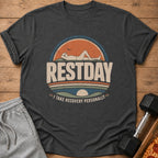 Dark grey t-shirt with "RESTDAY I TAKE RECOVERY PERSONALLY" graphic.