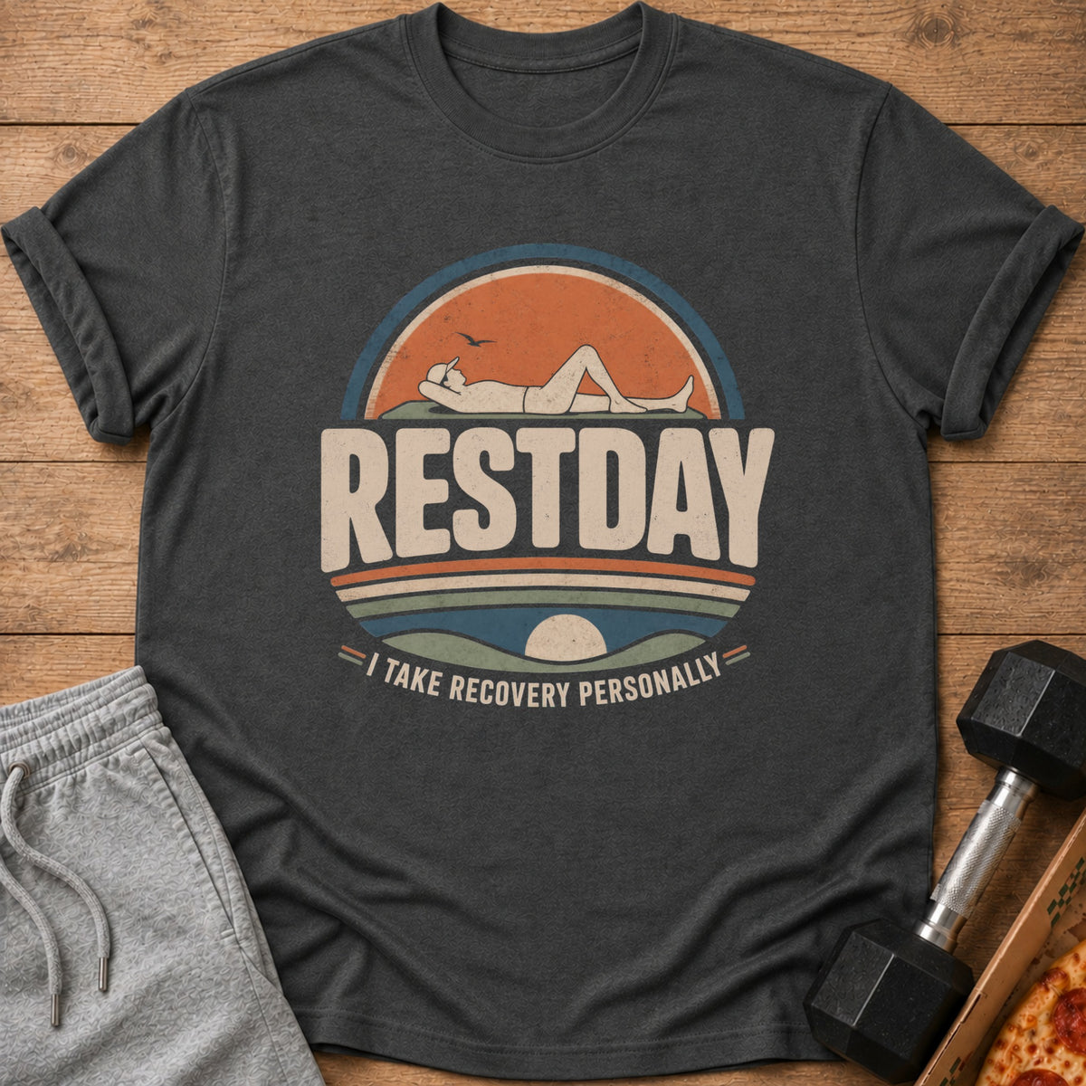 Dark grey t-shirt with "RESTDAY I TAKE RECOVERY PERSONALLY" graphic.