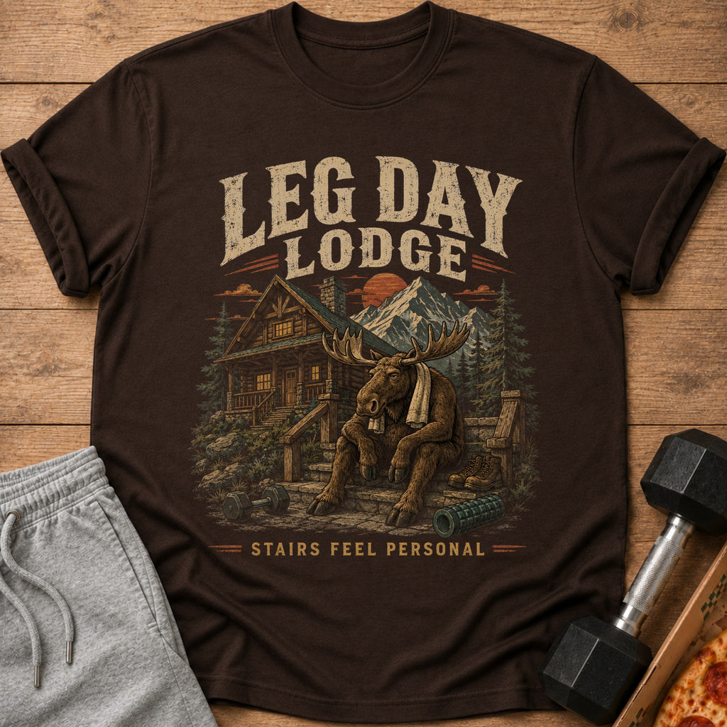 Brown t-shirt with "Leg Day Lodge" text, moose, cabin, mountains, and gym equipment.
