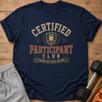 Navy t-shirt with "Certified Participant Club" text and a kettlebell emblem.