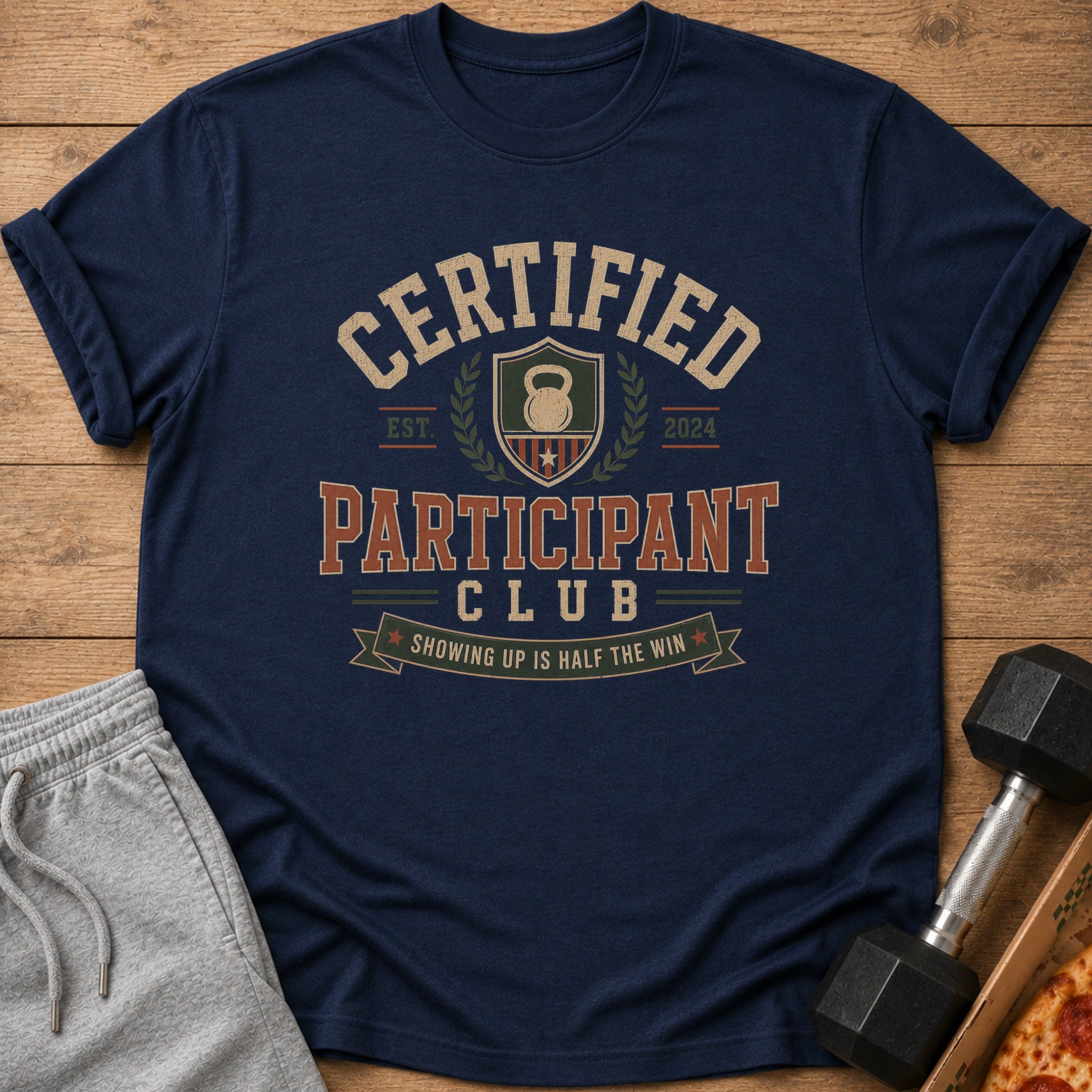 Navy t-shirt with "Certified Participant Club" text and a kettlebell emblem.