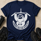 Navy t-shirt with white graphic of a sloth on a pull-up bar, text "Snooze Button Athlete".