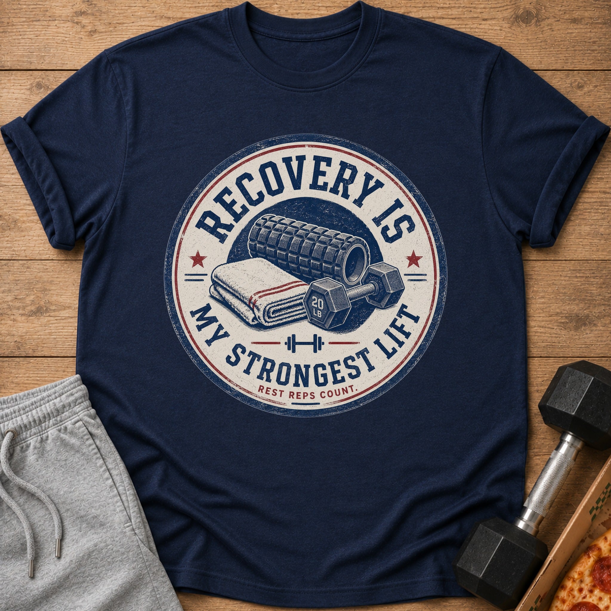 Navy t-shirt with circular graphic: "Recovery is my strongest lift. Rest reps count."