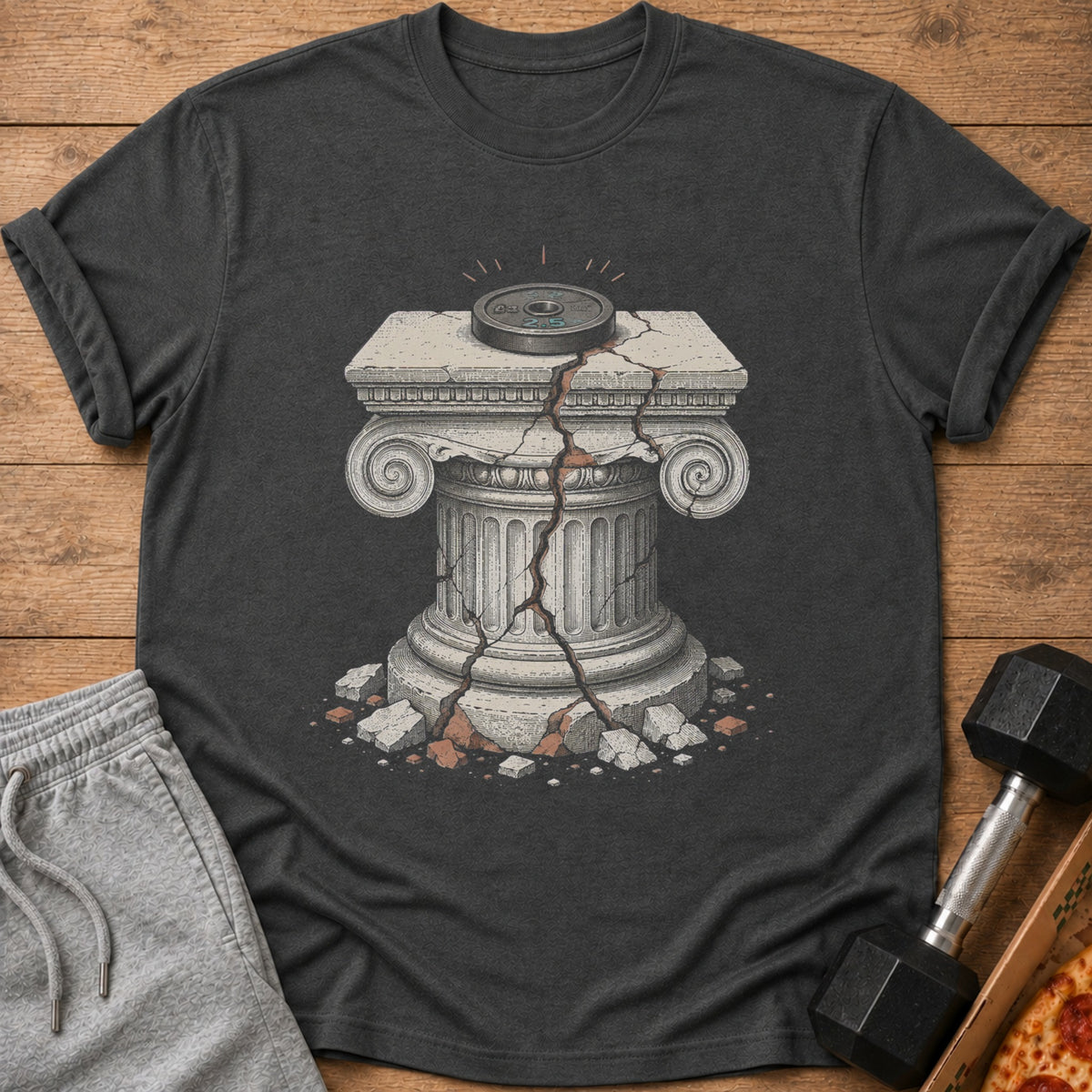 T-shirt featuring a cracked stone pillar with a weight plate and sparks.