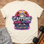 T-shirt with "Caffeine Calories and Chaos Pre-Workout, Probably" text and retro graphics.