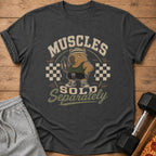 Dark grey t-shirt with a cartoon bear holding a shaker and the text "Muscles Sold Separately".