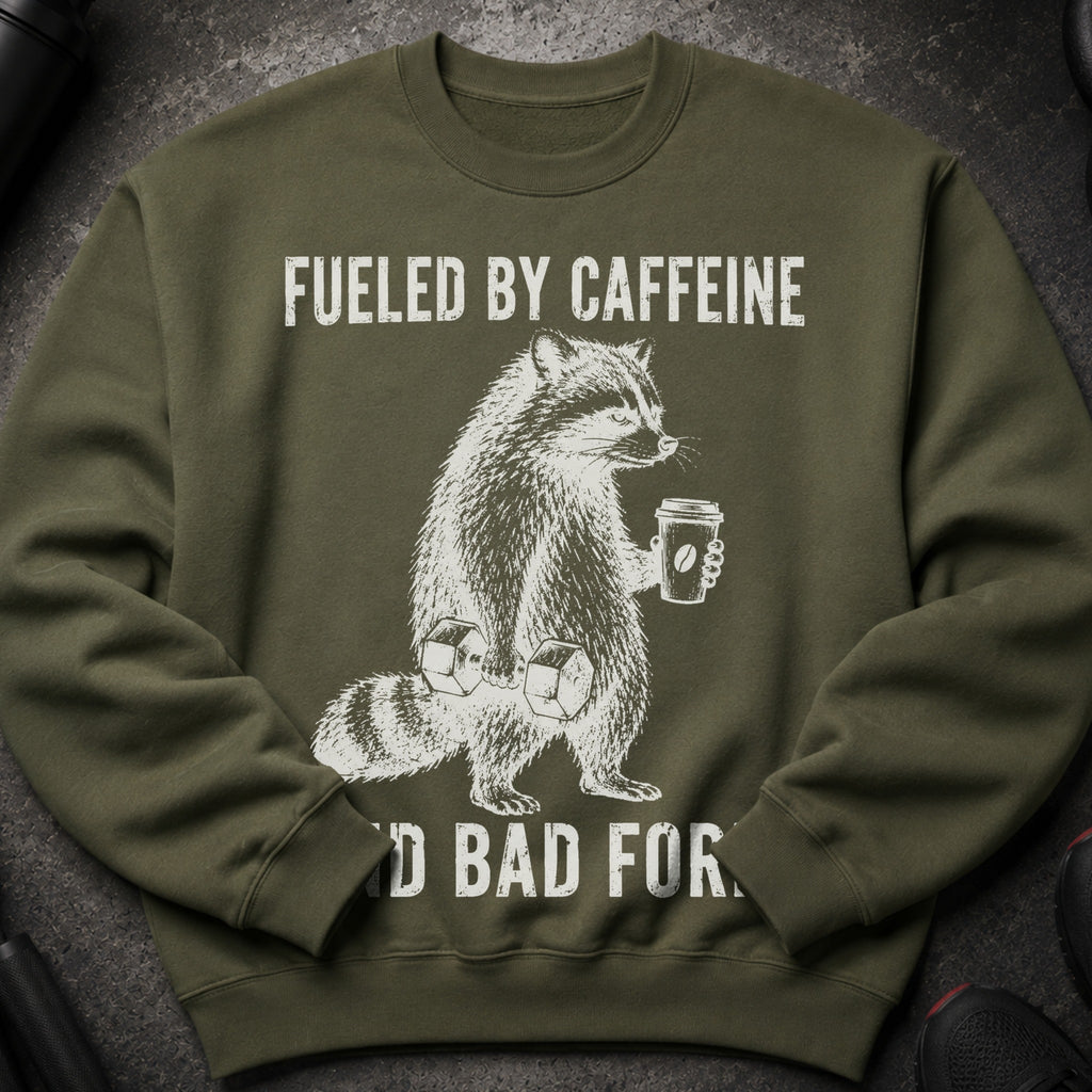 Green sweatshirt with raccoon lifting weights and holding coffee: "Fueled by Caffeine"