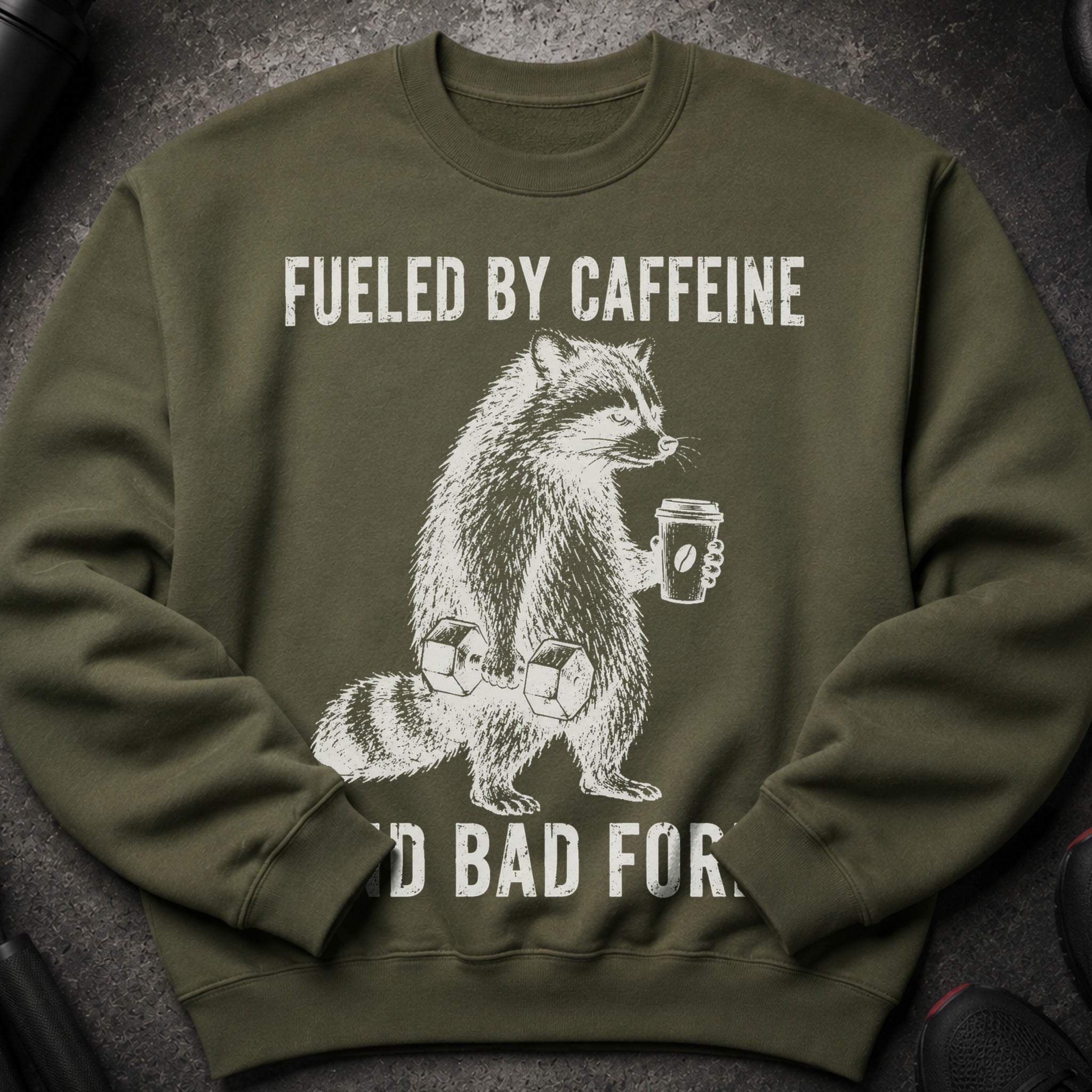 Green sweatshirt with raccoon lifting weights and holding coffee: "Fueled by Caffeine"