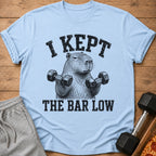 Light blue t-shirt with distressed graphic of capybara lifting dumbbells and text.