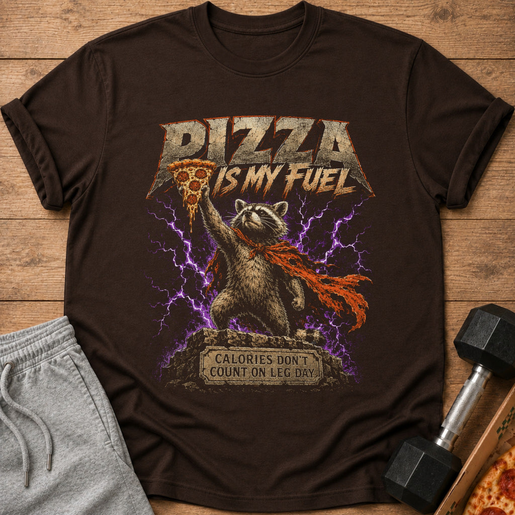 Brown t-shirt with raccoon holding pizza and text "Pizza is my Fuel".