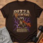 Brown t-shirt with raccoon holding pizza and text "Pizza is my Fuel".