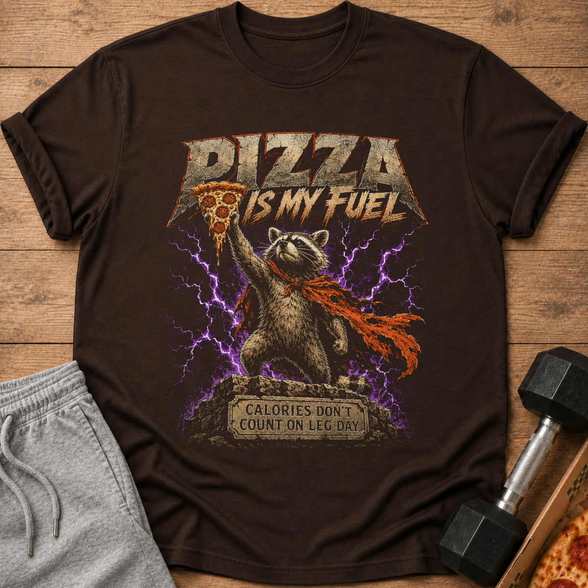 Brown t-shirt with raccoon holding pizza and text "Pizza is my Fuel".